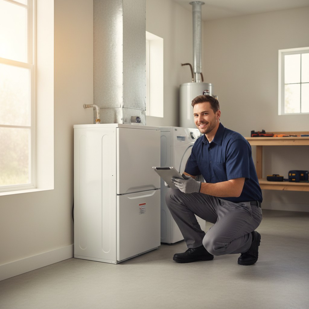 Acme Heating and Cooling technician servicing a home furnace